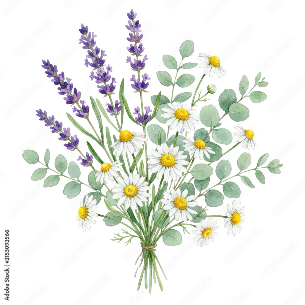 Fototapeta premium Watercolor bouquet of lavender, eucalyptus leaves, and chamomile flowers on transparent background.
