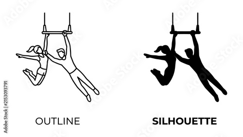 Trapeze Duo: An artistic representation of two acrobats performing on a trapeze, depicted in both outline and silhouette styles, showcasing dynamic movement and balance.