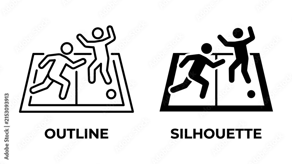 Fototapeta premium Sports Icon: Outline and silhouette icons depict people playing a sport on a field, representing action and competition