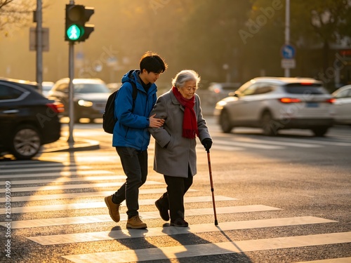 Young man helping a senior woman cross a city street at sunset
