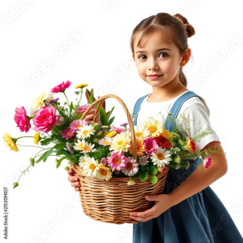 Charming Young Girl Holding a Beautiful Flower Basket Amidst Vibrant Blossoms and Greenery in a Bright and Cheerful Setting
