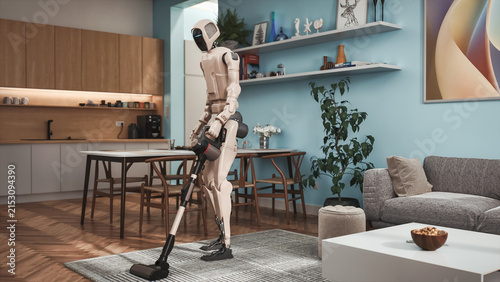 Foto White Humanoid Robot Operates a Cordless Stick Vacuum Cleaner, Performing Autonomous Floor Cleaning Chores as an Ai-powered Household Assistant Demonstrating Next Generation Domestic Automation