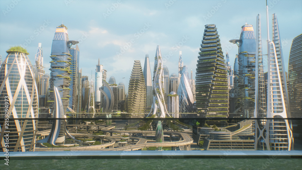 Fototapeta premium Sunlight Sweeps Across a Green Smart City Panorama Where Terraced Skyscrapers Grow Vertical Gardens, Curving Flyovers Loop Past Landing Pads and a Glass Balcony Rail Frames the Sustainable Skyline