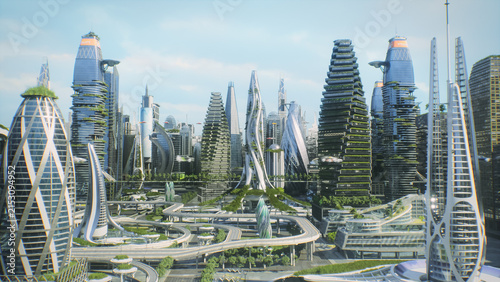 Winding Elevated Highways Curving Around Terraced Plant Covered Towers in a Sunlit Sci Fi Megacity Skyline, Depicting Tomorrow's Green Infrastructure, Vertical Forests and Clean Mobility