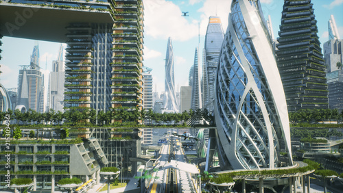 Cinematic Flythrough of a Futuristic Eco City With Vertical Gardens, Glass Skyscrapers, Transit Lines. Drones and Air Taxis Fly Between Towers. Sustainable Architecture, Skybridges, Urban Mobility