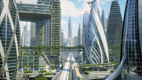 Aerial Shot: Utopian Smart City of Skyscrapers and Terraced Green Towers, Air Taxi Pods and Drones Fly through Highways, Skybridges. Rooftop Parks, Sustainable Architecture, Futuristic Transit