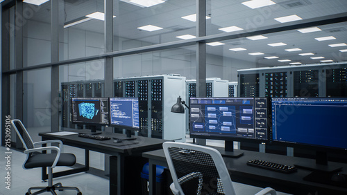 White Modern Data Center Server Room. Unoccupied Monitoring Workstation Behind Glass Partition Where Displays Present Neural Network Diagrams, Code Editors and Performance Metrics Server Cabinets.