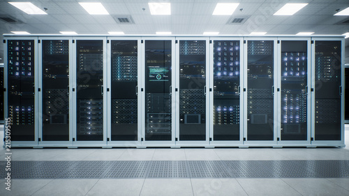 Modern Data Center with Continuous Row of Glass Fronted Server Cabinets Housing Stacked Compute Nodes and an Embedded Status Screen, With Perforated Floor Tiles Channeling Air Through the Ai Facility.