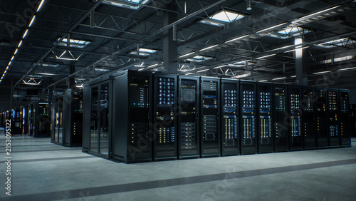 Modern Data Center Server Room. Corner Perspective of an Enclosed Server Pod on a Polished Floor Where Rows of Cabinets Filled With Storage Arrays and Network Switches Process Machine Learning Tasks.