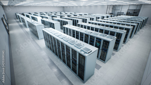 White Modern Data Center Server Room. Diagonal Overhead Sweep Across Repeating Aisles of Rack Mounted Compute Cabinets Topped With Service Terminals, Grated Cooling Channels.