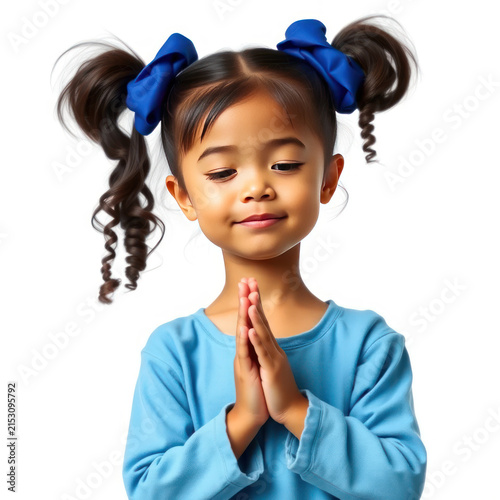 Sweet young girl with braided pigtails and blue bows praying with hands clasped in a serene and joyful expression indoors