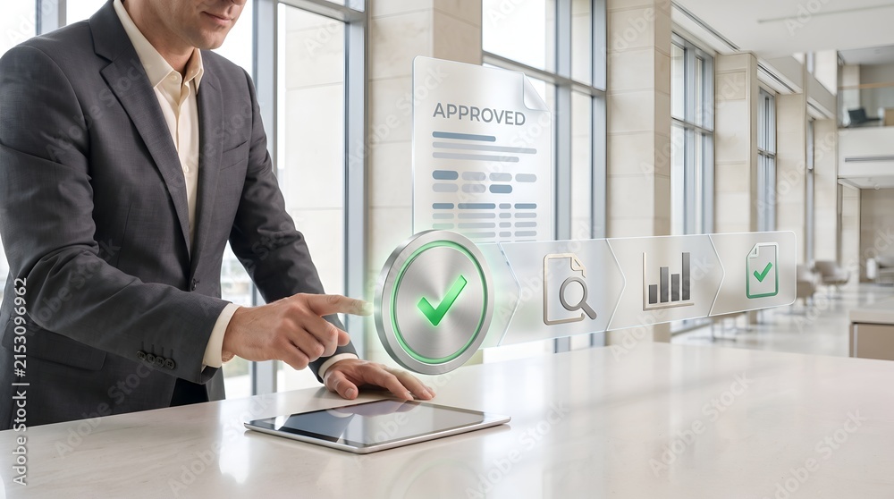 Fototapeta premium Automated project approval and document sign off workflow concept featuring a businessman touching a virtual checkmark