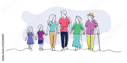 Single line drawing of a three-generation family walking together. Continuous line drawing of grandparents, parents, and a child walking side by side. Celebrating family unity across generations. 
