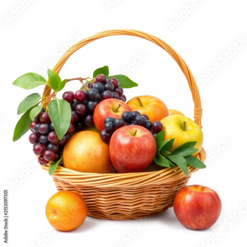 Fresh and Colorful Fruit Basket with Apples, Grapes, and Pears on White Background for Health and Nutrition Themes