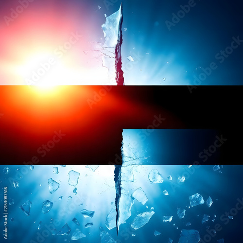 An abstract high-contrast composition combining a bright orange sun or glowing light source with deep blue and black horizontal shapes, creating a futuristic atmospheric effect.