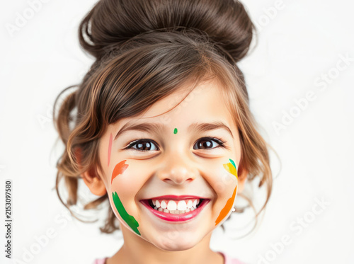 Joyful little girl smiling with colorful face paint in shades of orange and green, celebrating joy and creativity, bright background, portrait image