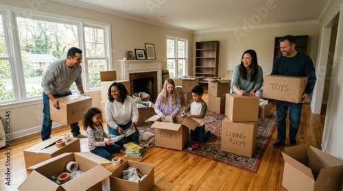 Diverse family and friends happily packing boxes and moving into a new home together