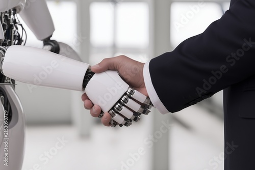 Handshake between a robot and professionals in a formal business setting
