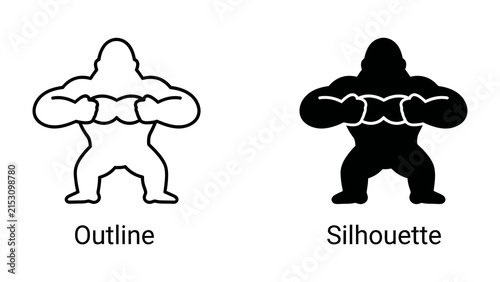 Gorilla Outline and Silhouette: Two depictions of a powerful gorilla, one as a white outline and the other as a solid black silhouette, showcasing its muscular build and imposing stance.