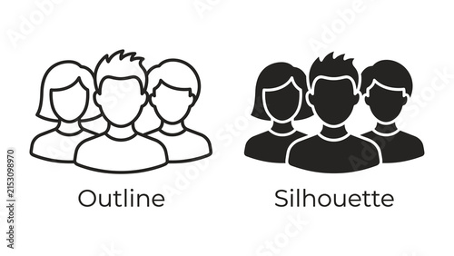 Group Iconography: A clear visual comparison of two icons representing a group of people, one in outline style and the other as a solid silhouette, offering versatile design elements.