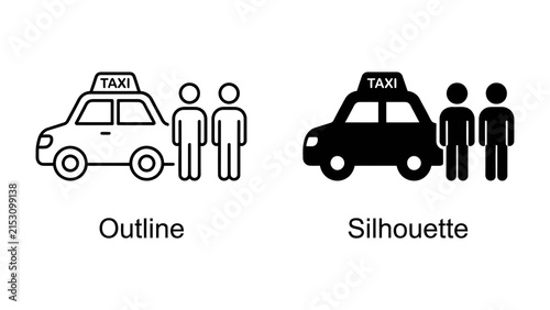 Obraz na plátně Taxi Stand Icons: A set of two icons representing a taxi stand, one in outline and the other in silhouette, showing a car with a taxi sign and two passengers waiting
