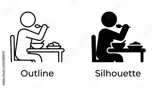 Person Eating Meal Icon Set: A set of icons depicting a person sitting at a table and eating a meal, presented in both outline and silhouette styles.