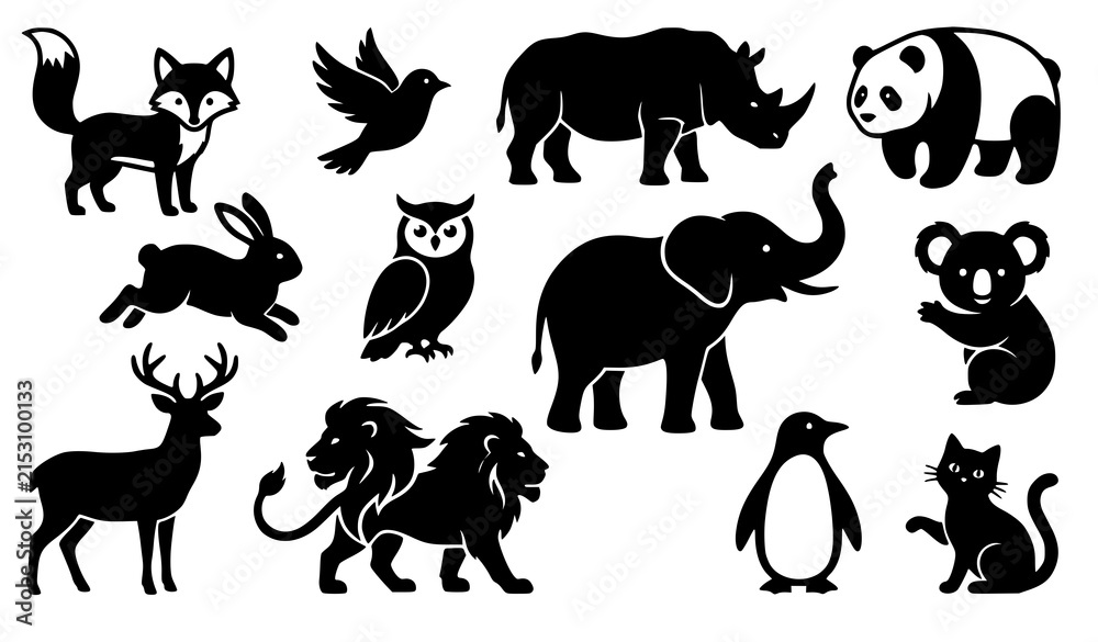 Naklejka premium Friendly Black Animal Silhouette Vector Icon Collection with Diverse Wildlife Characters for Infographics Websites Presentations and Apps