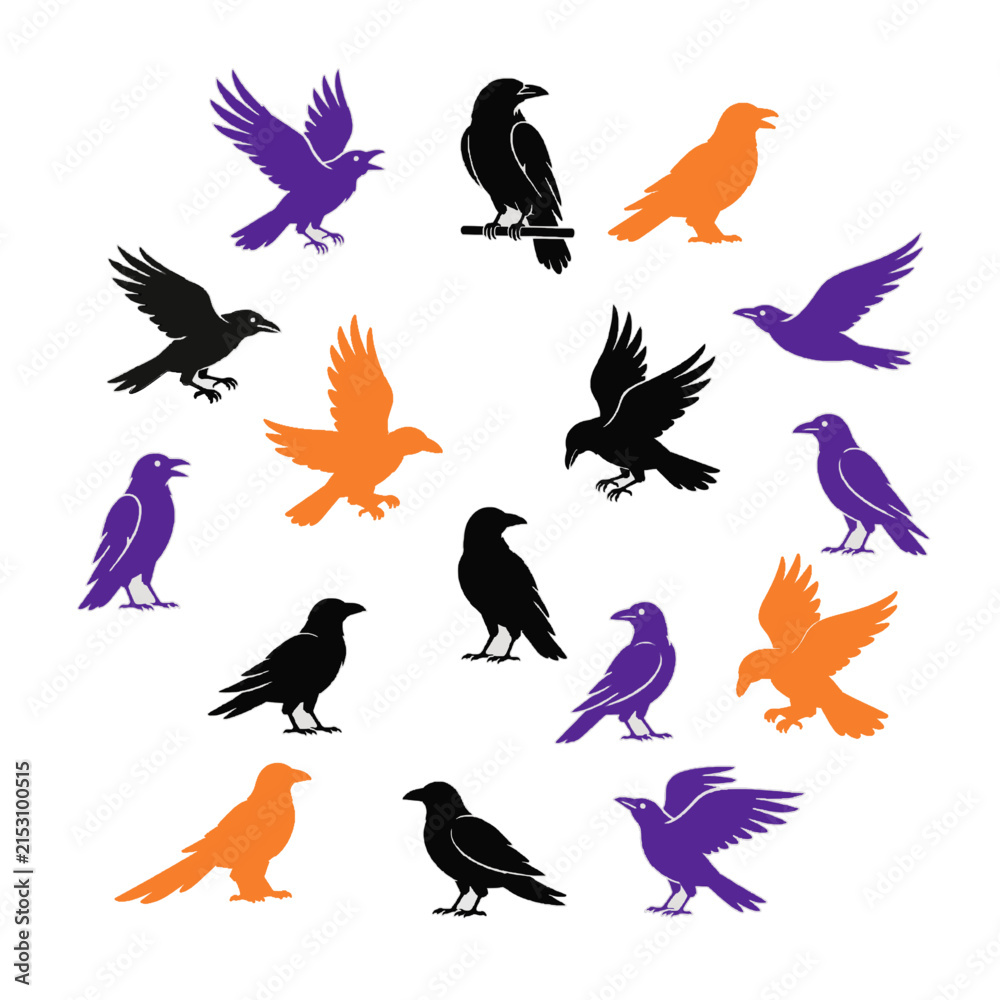 Obraz premium Collection of Flying and Perching Corvids Arranged in a Wreath Circular Frame Isolated on White Background