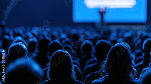 Audience silhouetted in blue light watches presentation on large screen