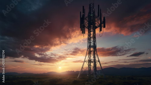 Futuristic communication tower sunset sky