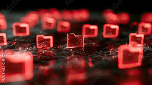 Glowing digital folders interconnected in a dark, abstract data network