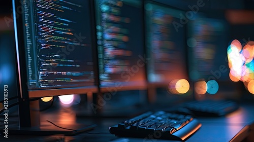 Glowing code illuminates multiple monitors and keyboards in dim light