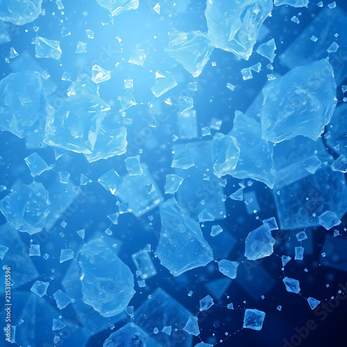 A close-up abstract composition of translucent blue ice crystals and fragmented frozen shapes, creating a bright sparkling icy texture.