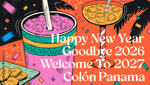 Happy New Year Celebration in Colon, Panama: Tropical Drinks, Confetti, and Palm Leaves