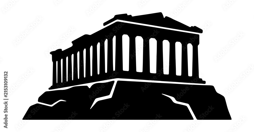 Obraz premium Ancient Greek Temple Silhouette, Classical Architecture Landmark Icon, Athens Acropolis Monument Vector Art, Historic Building Symbol for Travel and Culture