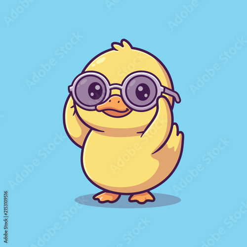 Cute Cartoon Yellow Duck Wearing Purple Sunglasses Vector Illustration