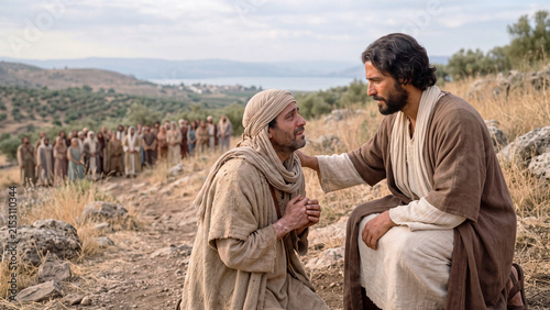 Jesus Christ healing a leper with compassion, biblical miracle story outdoors with crowd