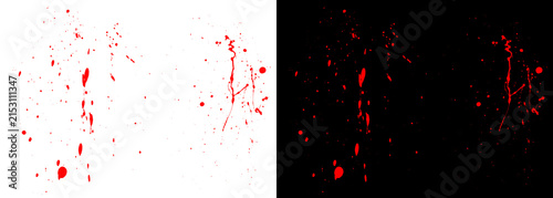 Cuadro en lienzo Red blood splatters and paint drips, horror bloodstains on white and black backg