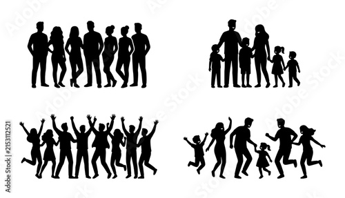 Diverse Silhouette People Groups, Family Units, Celebration Crowds, Vector Icons Set for Community, Lifestyle, and Social Concepts