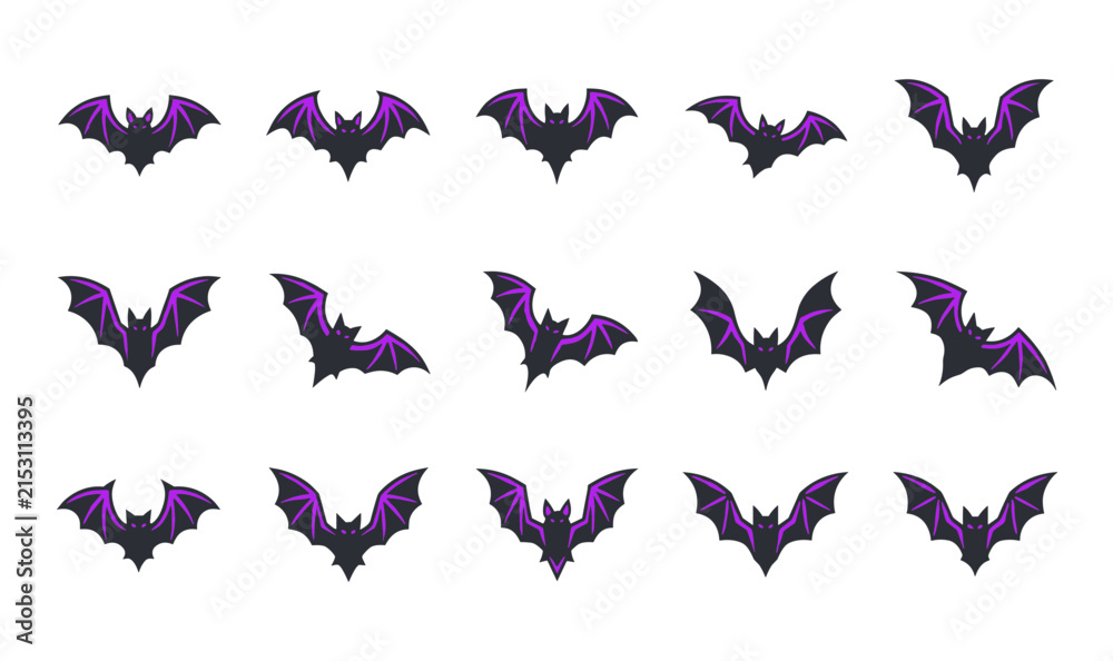 Fototapeta premium Spooky Halloween Flying Bat Sprite Sheet and Animation Sequence Icon Set with Purple and Black Winged Vampire Creatures for Gaming and Holiday Graphic Designs