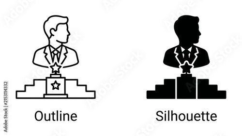 фотографія Award Winner Icon: A graphic representation of a distinguished individual, depicted in both outline and silhouette, standing on a podium with a star emblem, signifying achievement and recognition