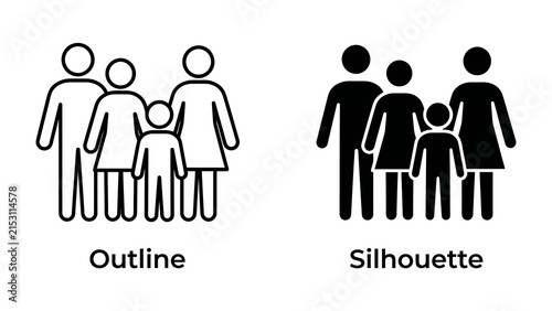 Bild auf Leinwand Family Icon Set: A simple and clean icon set illustrating a family unit, featuring both outline and silhouette versions, perfect for representing concepts of family, relationships, and community