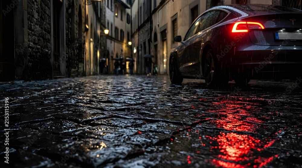 Naklejka premium Modern car parked on a wet cobblestone street in an old European city at night