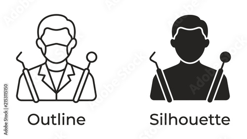 Dental Professional Icon: A set of icons representing a dentist, one in outline and the other a silhouette, holding dental tools, symbolizing oral care and dental health.
