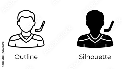 Canvas Print Hockey Player Icon: A minimalist representation of a hockey player, shown in both outline and silhouette form, holding a hockey stick ready for action