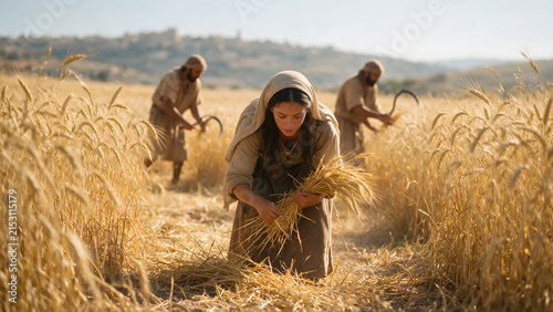 Biblical Ruth gleaning barley stalks behind reapers in Boaz field during harvest, Old Testament story