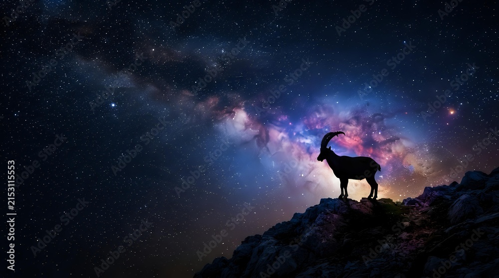 Naklejka premium Silhouetted llama standing on rocky mountain ridge against vibrant galactic sky with colorful nebula and stars, representing wonder and cosmic exploration for astronomy and nature themes.