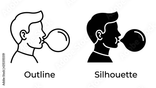 Bubblegum Blowing: A side profile illustration shows a person blowing a large bubble with bubblegum, presented in both outline and silhouette styles, conveying a simple, graphic representation.