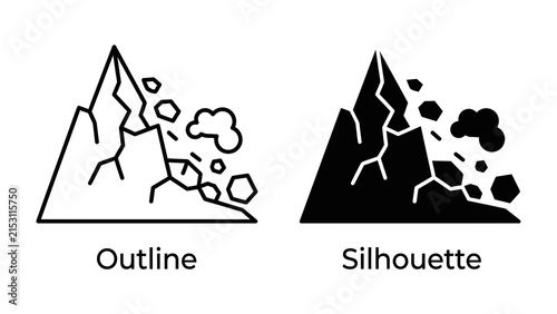 Avalanche Icon: A graphical representation of an avalanche, showing rocks and debris tumbling down a mountain. Available as both an outline and silhouette for versatile use.