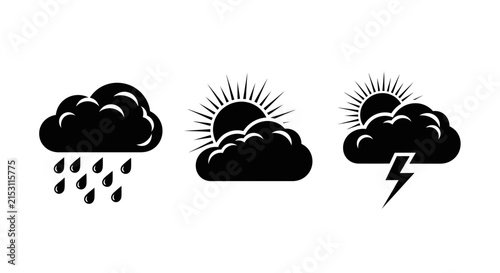 фотографія Weather icons for rain sun and thunderstorm on white background with three black